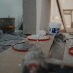 Close-up view of a construction site with tools and materials used for home renovation.